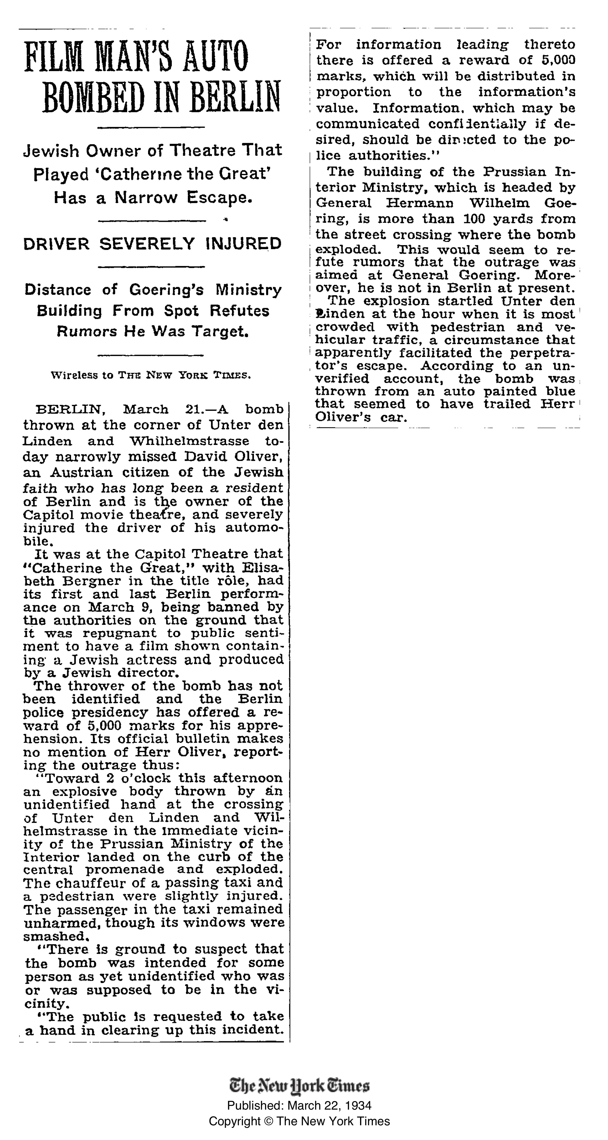 New York Times Article-March 21st, 1934